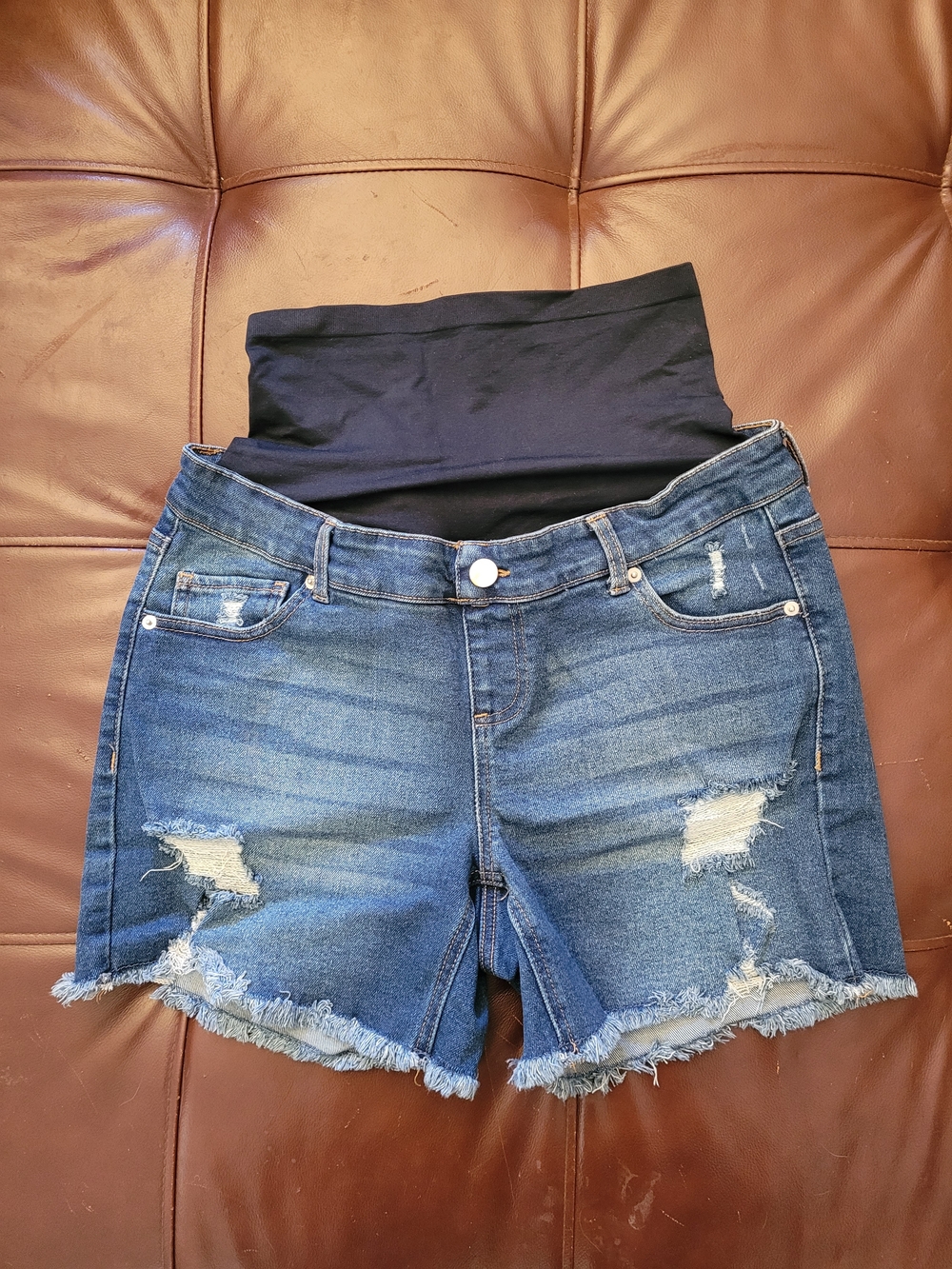 Time and Tru Distressed Blue Maternity Jean Shorts with Black Waistband